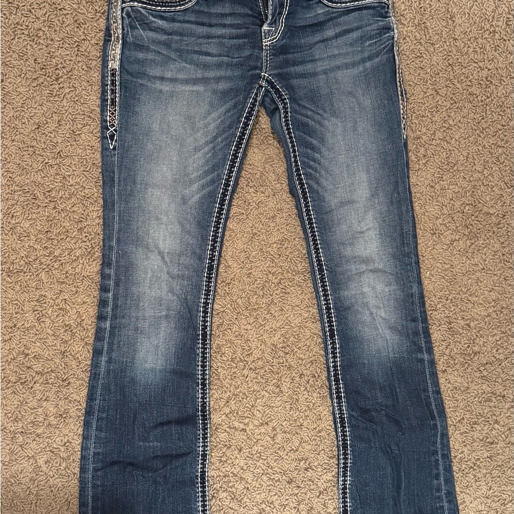 Rock Revival Blue Boot Cut Jeans with Vintage Fading